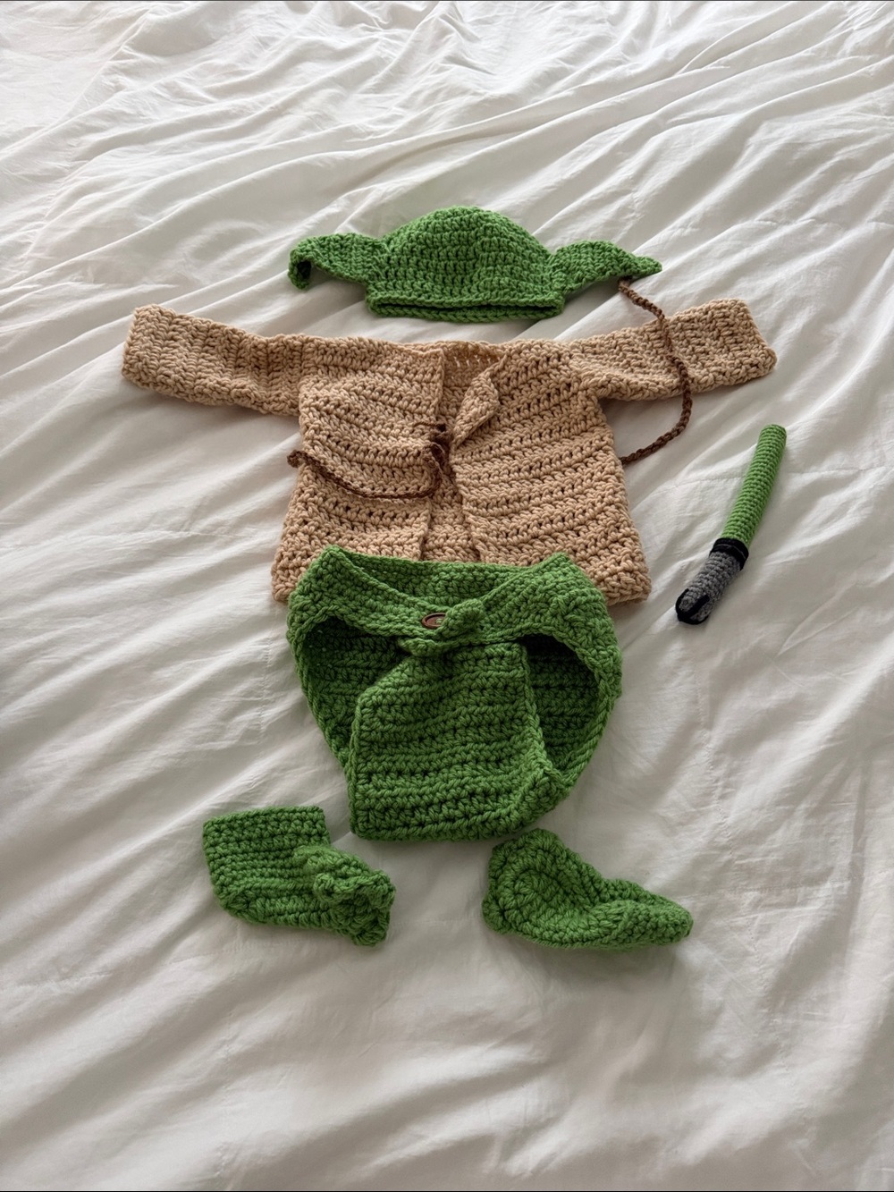 Green and Tan Baby Yoda Crochet Costume Set for Kids